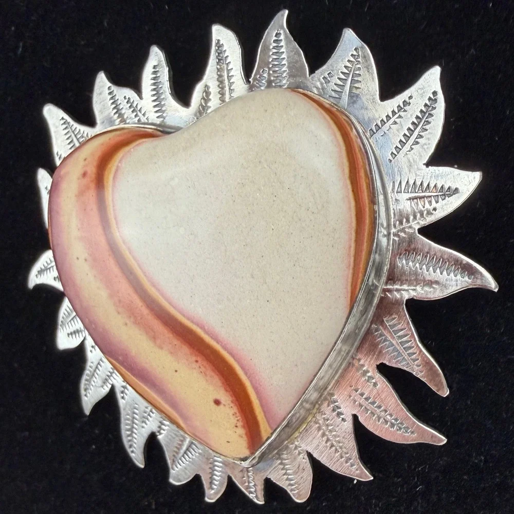Vintage Sterling Silver Heart Flame Stone Brooch VM MASSE STOLL Southwestern USA